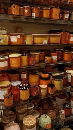 shelves filled with lots of different types of jars and sauces on top of each other