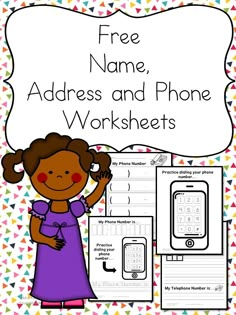 a girl with her hands on her head and the words free name, address and phone worksheets