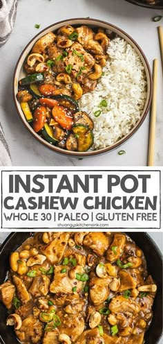 instant pot cashew chicken with white rice in a skillet and on the side