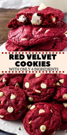 red velvet cookies stacked on top of each other with white chocolate chips in the middle