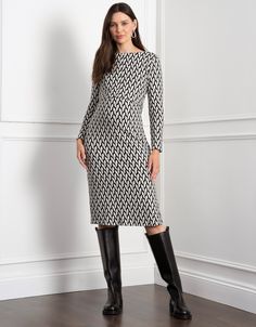 Geo print, knitted, knit dress, jacquard, bodycon, long sleeve, boat neck, top stitching, lift up nursing, nursing, nursing dress, midi, midi dress, side slits, geometric, print, black, white, nigella Elegant Jacquard Knit Midi Dress, Formal Fitted Jacquard Knit Dress, Fitted Jacquard Knit Knee-length Dress, Chic Jacquard Knit Formal Dress, Chic Formal Jacquard Knit Dress, Knit Midi Dress For Work, Fitted Knit Midi Dress For Work, Chic Fitted Jacquard Knit Midi Dress, Chic Fitted Jacquard Knit Dress