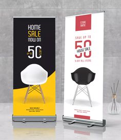 a roll up banner with an image of a chair and the words home sale now on it