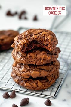 chocolate cookies stacked on top of each other with the words brownie mix cookies above them