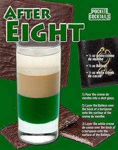 an advertisement for a drink with chocolate and green liquid in the glass, next to it's contents