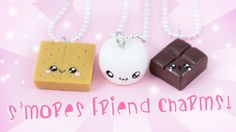 three small pieces of food on a pink background with the words smores friend charms