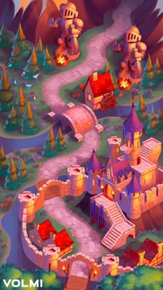 an image of a cartoon castle with stairs and turrets