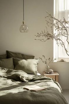 a bed sitting under a window next to a lamp and a tree in the corner