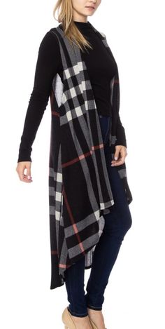 Plaid Sleeveless Duster Cardigan with Pockets 92%Polyester, 8%Spandex Sleeveless Duster, Cardigan With Pockets, Duster Cardigan, Winter Scarf, Plaid Scarf, Large Black, Style Inspiration, Plaid, Spandex