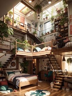 a bedroom with wooden floors and lots of plants on the walls, stairs to the second floor