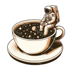 an astronaut sitting in a cup of coffee