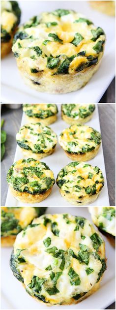 small muffins with spinach and cheese on a white plate next to eggs