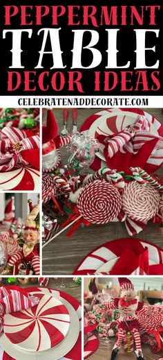 peppermint table decor ideas with red and white striped plates, candy canes