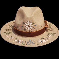 I Hand Painted This Hat, Added Ribbon, Feathers, And A Pin. It Is A Medium Size With An Adjustable String Inside. I Have A Small Head And It Can Be Made To Fit Me. Boho Hand Painted Hats, Hand Painted Western Hat, Boho 2024, Hat Burning, Felt Cowboy Hats, Painted Hats, Small Head, Custom Hand Painted, Pin It