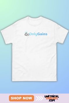 White t-shirt with the logo "OnlyGains" in blue next to a flexing arm graphic.