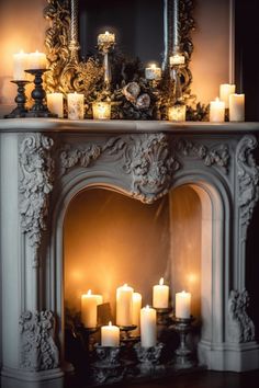 a mantel with lit candles in front of it