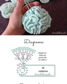 the instructions for crochet are shown in two different pictures, one is green and the other is white