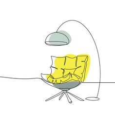 a drawing of a yellow chair in front of a white wall with a lamp on it