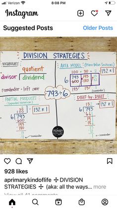 a white board with different types of numbers on it and the words division strategy written below