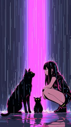 a woman kneeling down next to a dog and cat in the rain with pink light