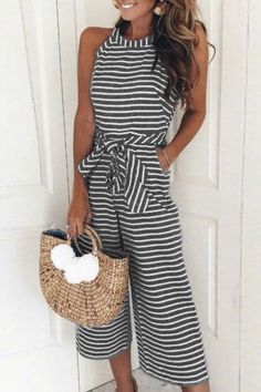 Tie Waist Jumpsuit, Jumpsuit Elegant, Loose Trousers, Strapless Jumpsuit, Striped Jumpsuit, Loose Outfit, Sleeveless Rompers