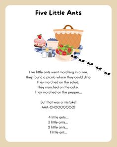 the five little ants poem is shown with an image of a basket and some other items