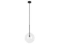 a glass ball light hanging from a black metal rod on an isolated white wall background