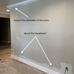 a room that has been painted white with arrows pointing to the ceiling and around the perimeter of the room above the baseboard