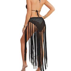 Black Crochet Hollow-out Tasseled Beach Cover Black Tassel Cover-up For Beach Season, Black Fringe Vacation Cover-up, Black Fringe Cover-up For Vacation, Black Fringe Beach Cover-up, Festival Fringe Swimwear For Vacation, Festival Vacation Fringe Swimwear, Black Fringe Beachwear Cover-up, Fringe Swimwear For Festival Vacation, Festival And Vacation Fringe Swimwear