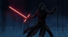 a star wars character in the dark woods holding a lightsaben and pointing at something