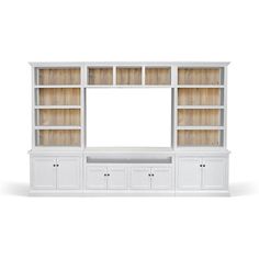 a white entertainment center with wooden shelves and drawers on each side, including a mirror