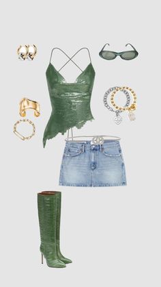 Coachella and festival fit inspo going out Concert Outfit Green, Coachella Theme Party Outfits, Popstar Outfits Ideas, Coachella Theme Party, Outfit Themes, Rich Girl Outfits, Kpop Outfits