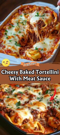 two pictures showing the process of making baked tortellini with meat sauce and cheese