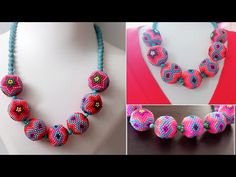 three different necklaces made with beads on a mannequin