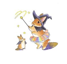 a drawing of a corgi dressed as a witch and a little chihuahua dog