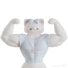 a white cat wearing a dress and necklace with her arms behind her head, in front of a white background