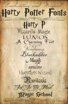 an old harry potter font poster with the names in black and white, on a white background