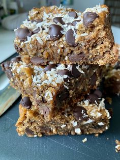 chocolate chip cookie bars stacked on top of each other