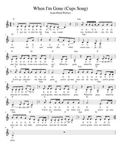 sheet music with the words when i'm gone cups song