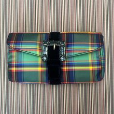 Nwt J.Crew Silk Tartan Clutch *New With Tag; Never Used *Silk Exterior; Interior Lining *Tartan - Colors: Green, Yellow, Red, Bluesee Photos *Jeweled Buckle With Navy Blue Velvet Strap *Snap Closure *Approx 8w 4.5h Navy Blue Velvet, Colors Green, Blue Velvet, Green Yellow, Snap Closure, Tartan, J Crew, Bag Lady, Navy Blue