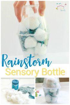 a collage of photos showing how to make a rain storm in a glass bottle