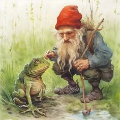 a painting of an old man with a red hat and beard next to a frog