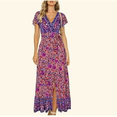 This Vibrant Colorful Boho Wrap Is A V-Neckline Maxi Dress With Butterfly Sleeves. The Frill Hemline Moves Beautifully. The Dress Is Unlined With 100% Rayon Fabric. It Has No Stretch To It And Feels Light And Airy. Brand New With Tags Smoke Free Home Fast Shipping Red Boho Print V-neck Maxi Dress, Summer Purple Maxi Dress With Vibrant Print, Purple Boho Print Maxi Dress For Summer, Bohemian Maxi Dress With Vibrant Print And V-neck, Red V-neck Maxi Dress With Boho Print, Pink Maxi Dress With Surplice Neckline For Beach, Casual Blue Maxi Dress With Surplice Neckline, Multicolor Casual Maxi Dress With Surplice Neckline, Casual Multicolor Maxi Dress With Surplice Neckline