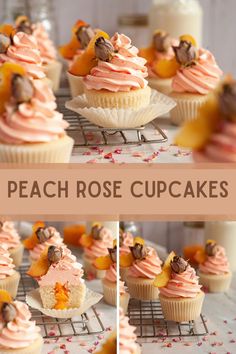 peach rose cupcakes on a cooling rack