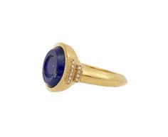 Perfectly balancing vibrant color with modern-meets-classic design, this Sorellina ring has a subtle symbolism and easy-to-wear vibe. Set at the center of the oval 18K yellow gold signet ring face is a cobalt blue lapis tablet engraved with a crescent moon. Set on each side are two tiers of pavé white diamonds and the composition is centered on the polished 18K yellow gold band. 18K yellow gold ring face : 1/2" x 5/8"lapis : 11mm x 9mm : 5.30ctdiamonds : 1mm diameter each : .08cttw : G - H / SI1 Luxury Yellow Gold Oval Cabochon Rings, Luxury Yellow Gold Signet Ring With Cabochon, Luxury Yellow Gold Cabochon Signet Ring, Formal Yellow Gold Signet Ring With Oval Cabochon, Luxury Yellow Gold Dome Ring With Oval Cabochon, Formal Yellow Gold Oval Cabochon Diamond Ring, Luxury Signet Ring With Oval Cabochon Gemstone, Luxury Oval Cabochon Gemstone Signet Ring, Modern Yellow Gold Signet Ring With Cabochon