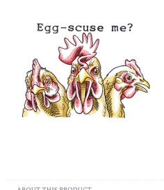 three chickens with the words, egg - suse me? about this product on it