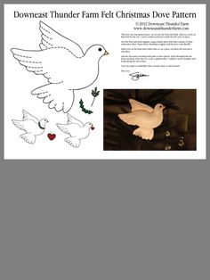 an image of a white dove with christmas decorations on it's wings and the words downeast thunder farm felt christmas dove pattern