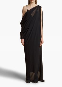 Artfully draped asymmetry in classic sheer silk chiffon, free of closures. Fluid silhouette cascades from shirred and tucked shoulder. Includes slip. Draped Silk Dress, Long Drapes, Leather Outerwear, Tall Model, Silk Chiffon, Model Measurements, Silk Dress, Design Features, Spaghetti Strap