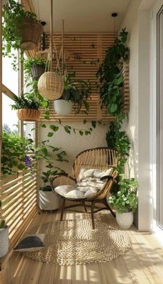 the balcony is decorated with plants and wicker furniture