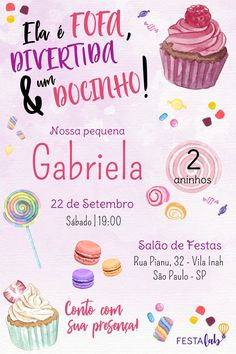 the poster for an event with cupcakes and candies on pink watercolor paper