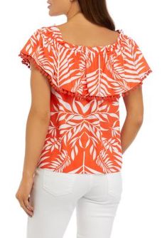 A mix of prints decorate this Crown & Ivy top that's designed with an off-the-shoulder neckline trimmeed in pom-poms. | Crown & Ivy Women's Printed Off the Shoulder Top, Orange, Large Off The Shoulder Top, List Style, Pom Poms, Womens Clothing Tops, Ivy, Shoulder Top, Off The Shoulder, Top Styles, Top Blouse